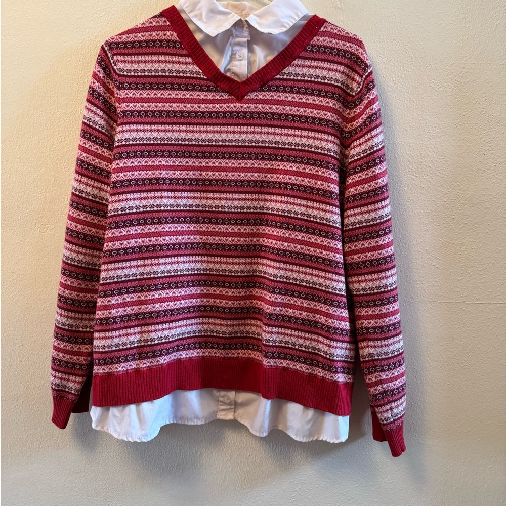 EUC- Basic Editions Red Striped V-Neck Collared 1X Sweater